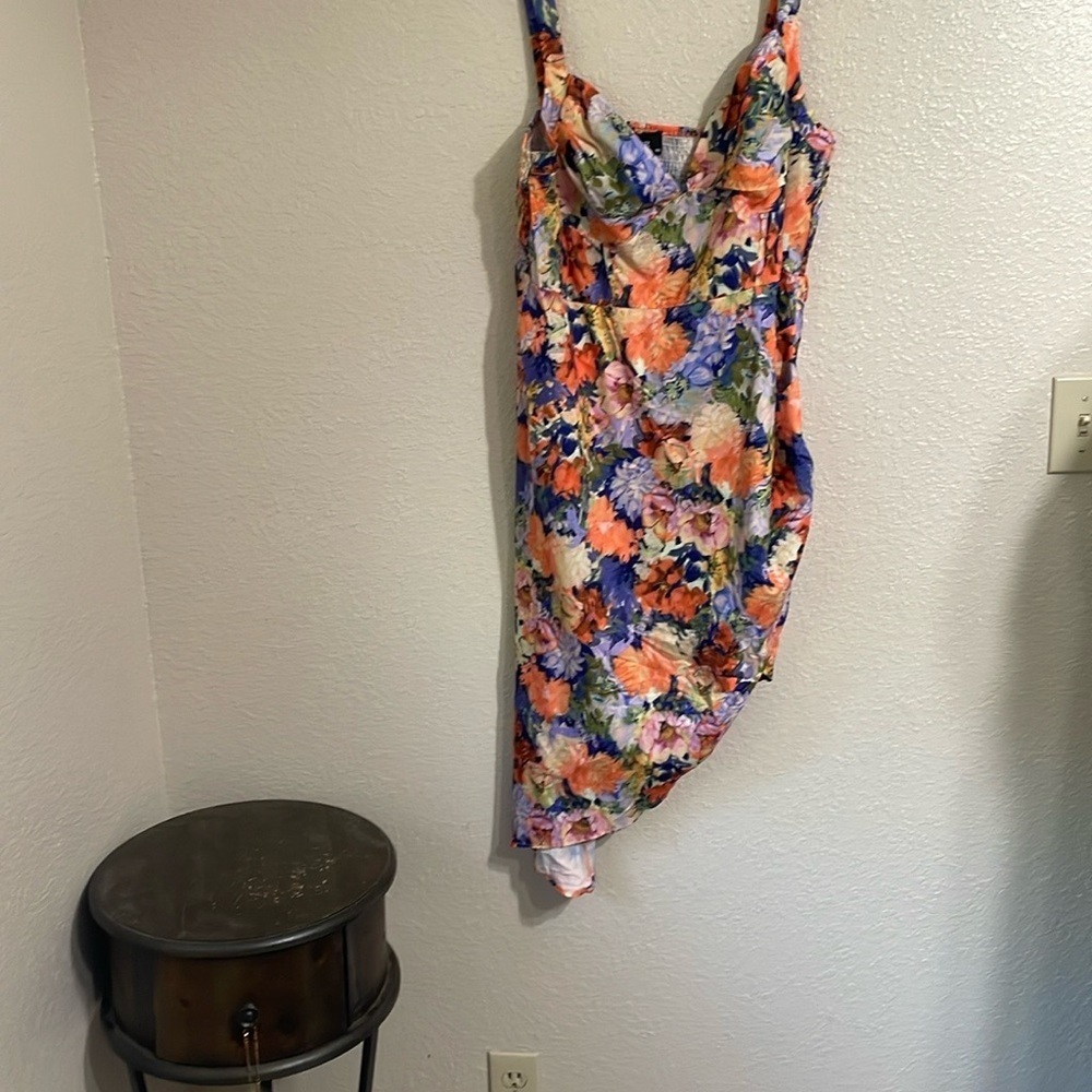 Cider Floral Asymmetrical Slip Dress in Orange, Blue, Pink